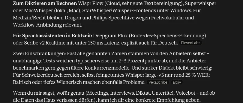Schluss derselben Claude-Antwort mit einem Absatz über zwei Einschränkungen und einer Rückfrage an den Nutzer