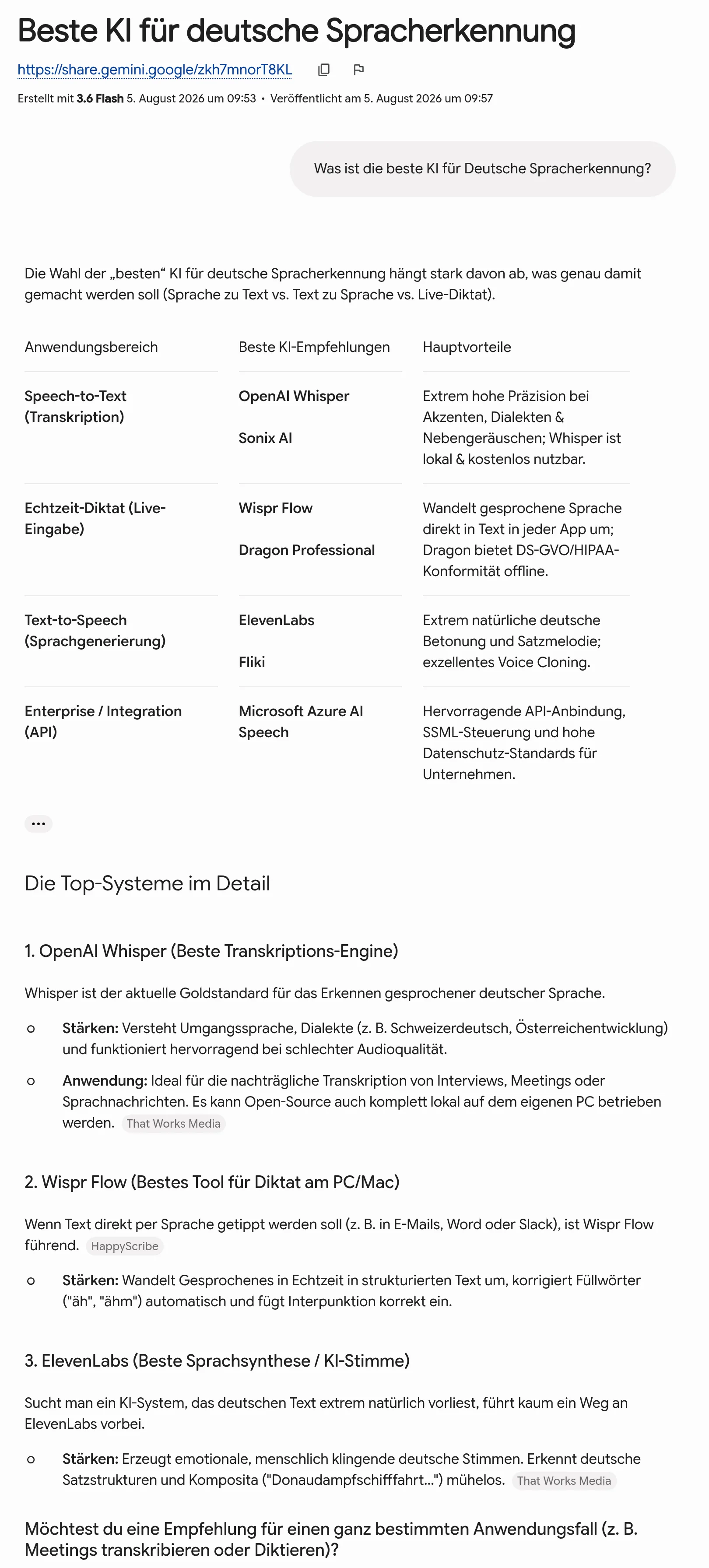 Geteilte Gemini-Antwort mit Erstellungsdatum, einer vierzeiligen Tabelle nach Anwendungsbereich und drei ausführlichen Abschnitten darunter