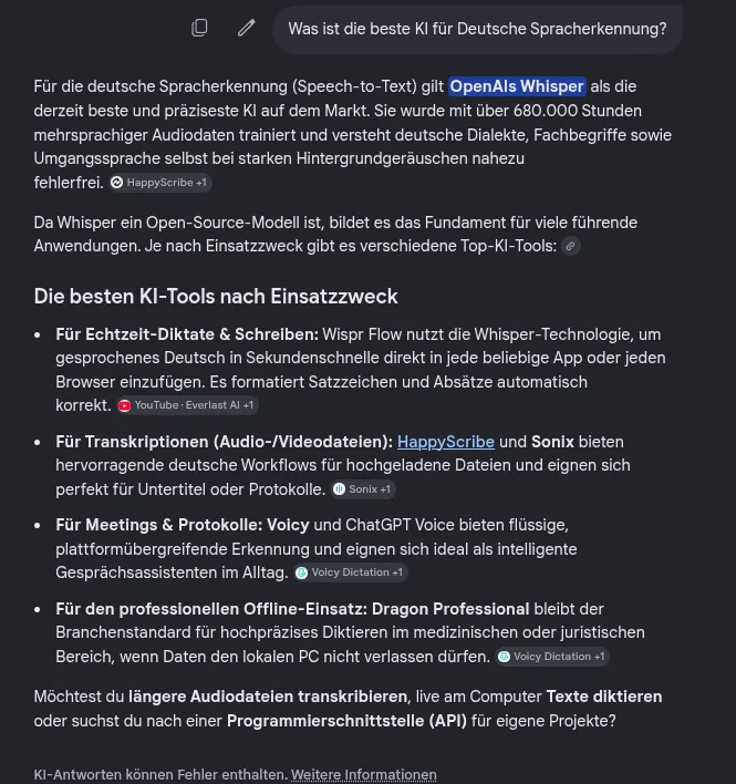 Antwort des Google-KI-Modus mit einem Absatz über Whisper und einer Liste von Werkzeugen nach Einsatzzweck
