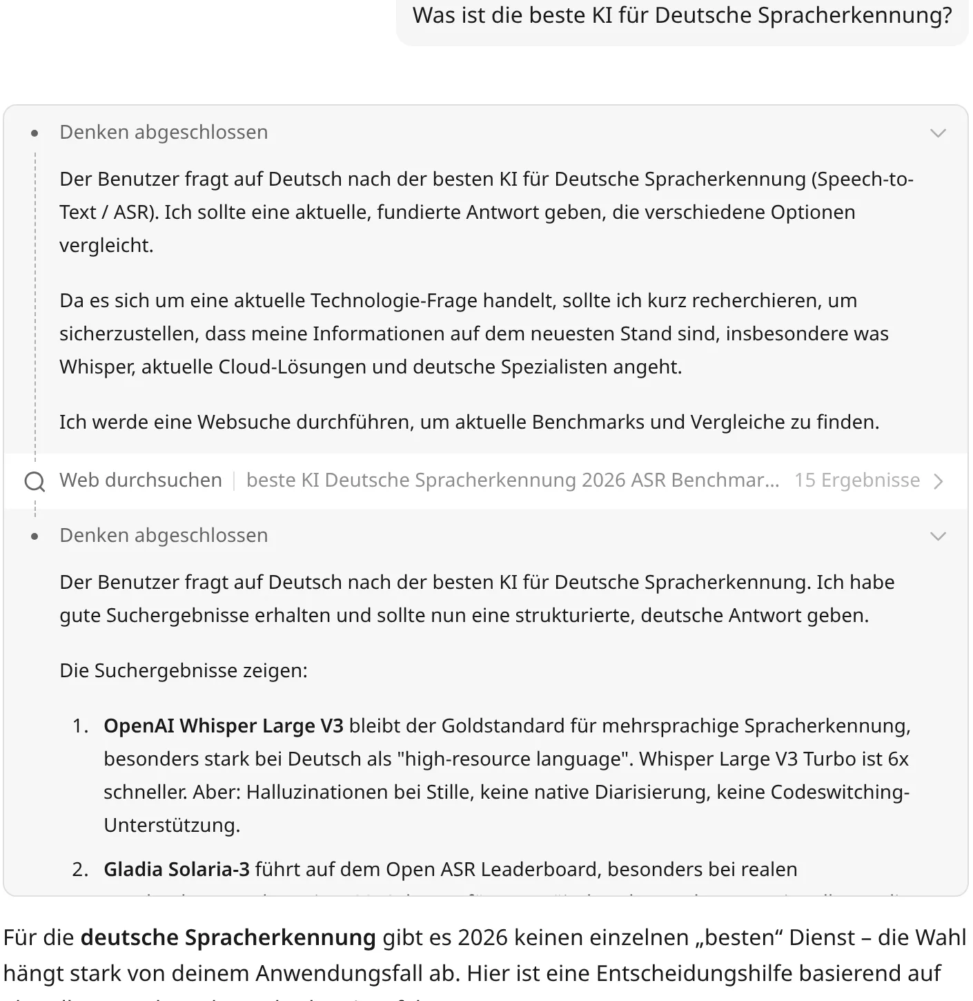 Aufgeklappte Denkschritte derselben Kimi-Antwort mit dem Hinweis auf eine Websuche und fünfzehn Ergebnissen