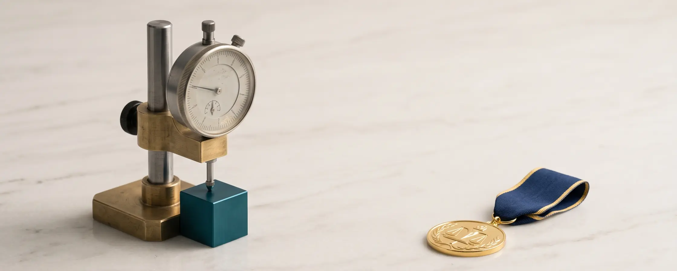 Auf hellem Marmor steht links eine Messuhr in einem Messingstativ, deren Taster auf einem petrolfarbenen Würfel aufsitzt; rechts liegt eine goldene Medaille an blauem Band
