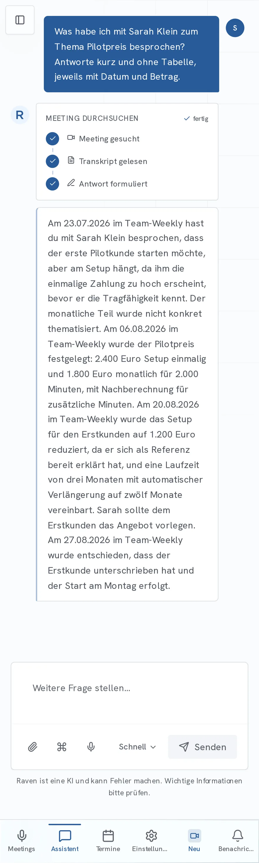 Dieselbe Frage auf dem Telefon: drei abgehakte Arbeitsschritte und die Antwort mit vier Daten und den Beträgen zum Pilotpreis
