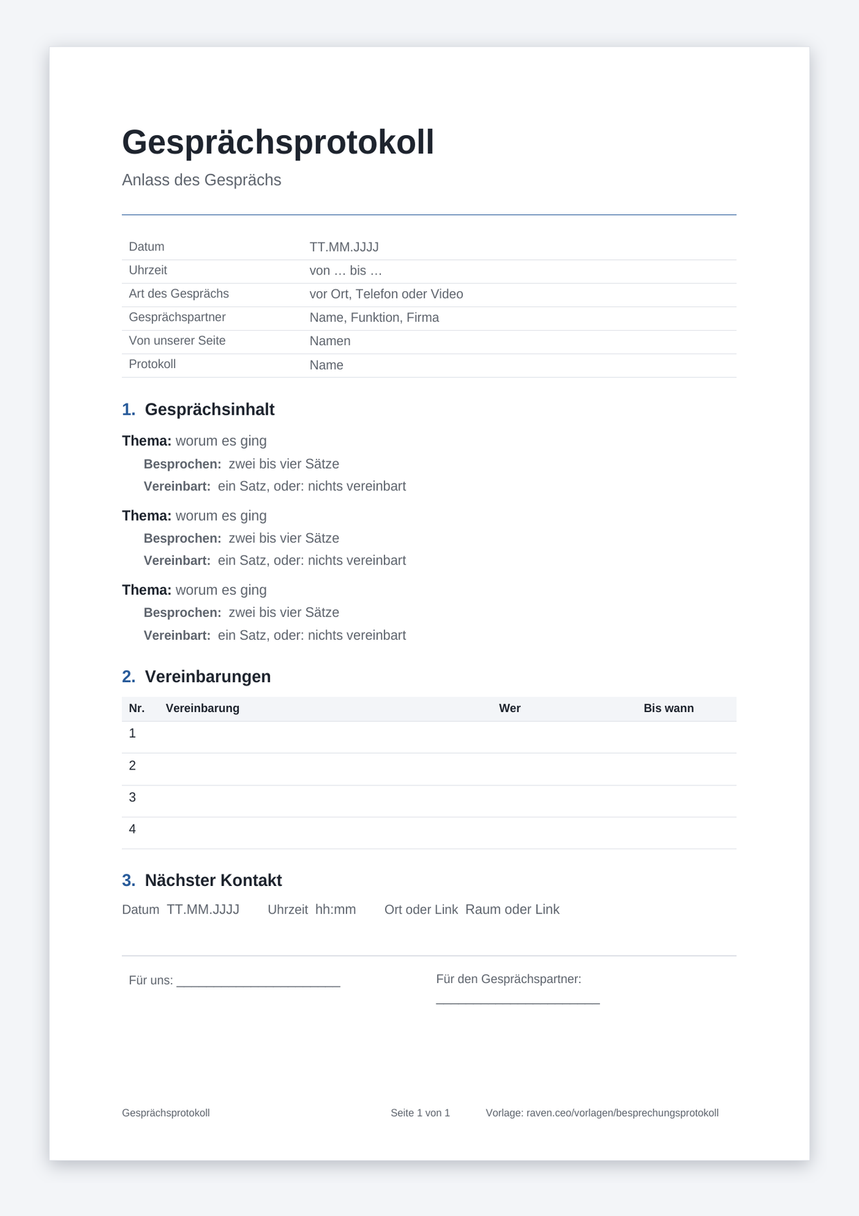 Gesprächsprotokoll-Vorlage mit Gesprächspartner und Anlass im Kopf, Gesprächsinhalt je Thema und einer Tabelle für Vereinbarungen