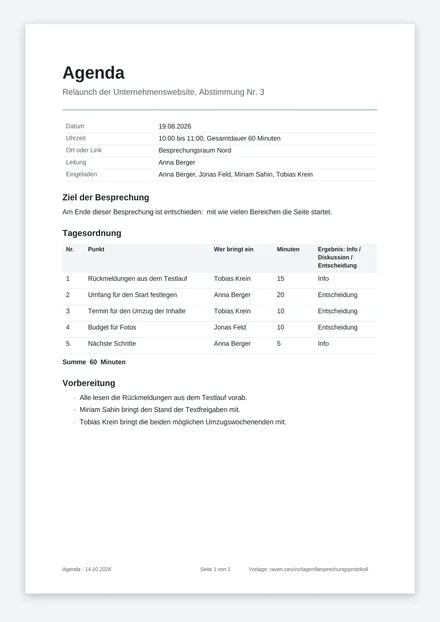 Meeting-Agenda-Vorlage mit Tagesordnungspunkten, Zeitbudget je Punkt und verantwortlicher Person