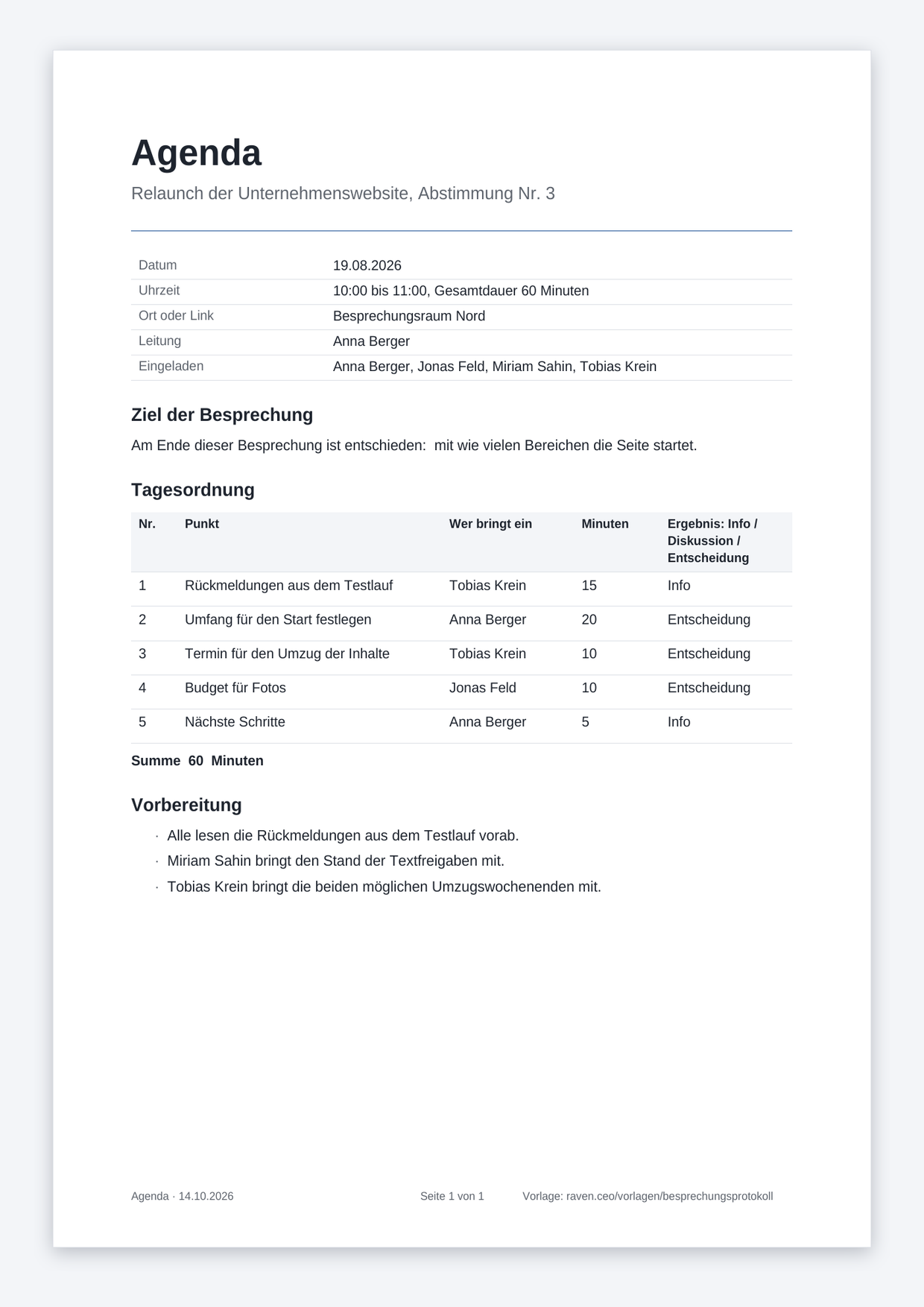 Meeting-Agenda-Vorlage mit Tagesordnungspunkten, Zeitbudget je Punkt und verantwortlicher Person
